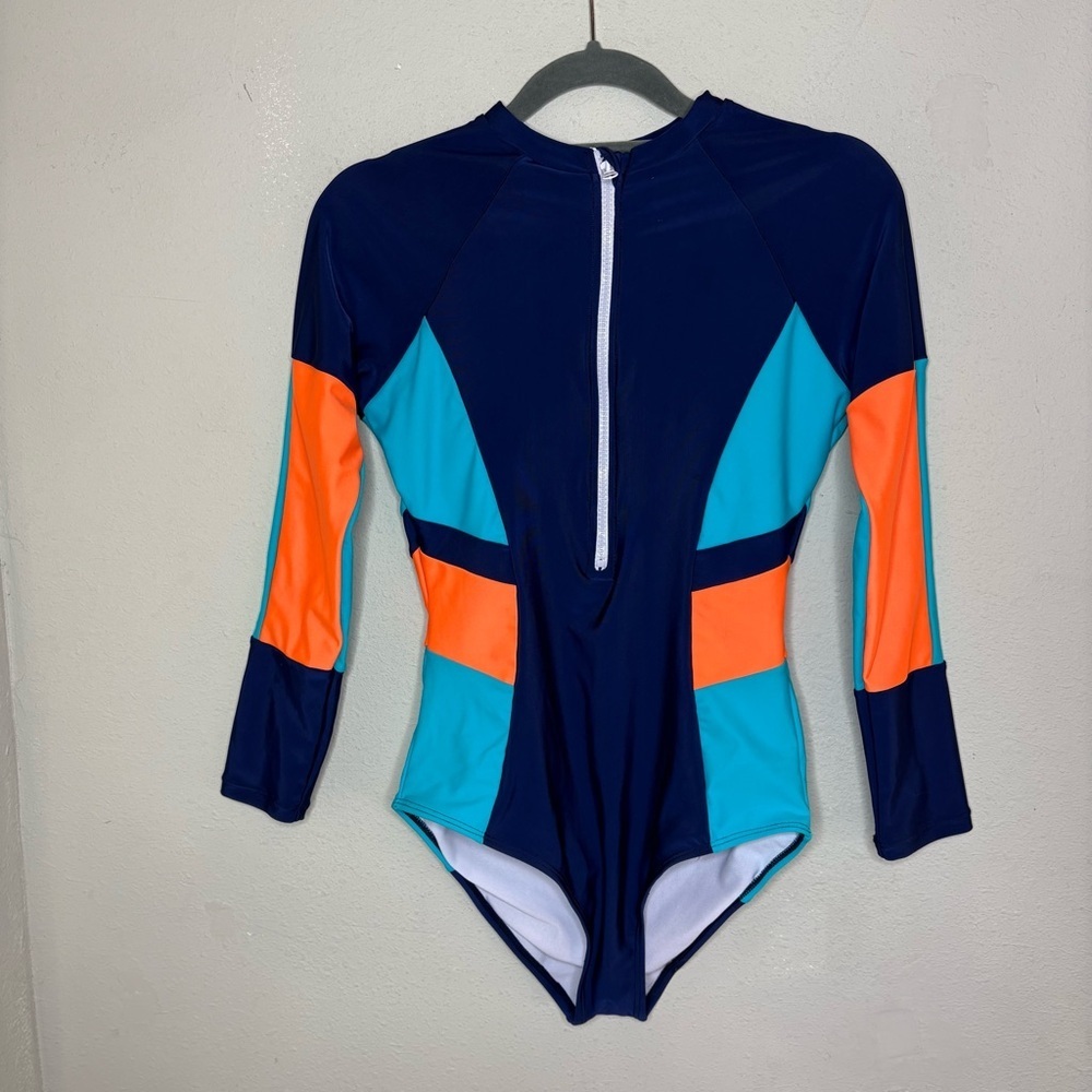 Women's Long-Sleeve One-Piece Swimsuit - Navy, Teal & Orange Size M